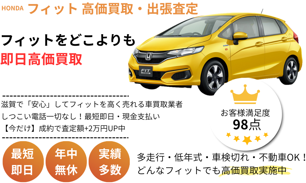 滋賀県でホンダ フィット(HONDA FIT)を即日高価買取・出張査定。しつこい電話なしで現金支払い対応の安心サービス
